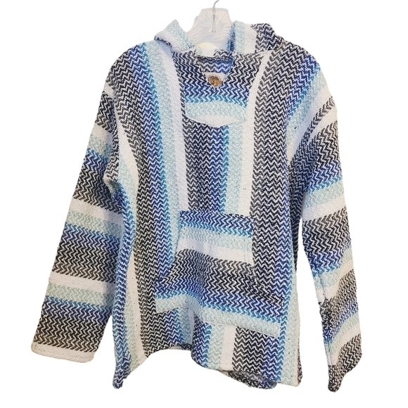Earth Ragz | Unisex Bohemian Blue & White Burlap Hoodie Shirt (Size Medium) - Picture 1 of 12